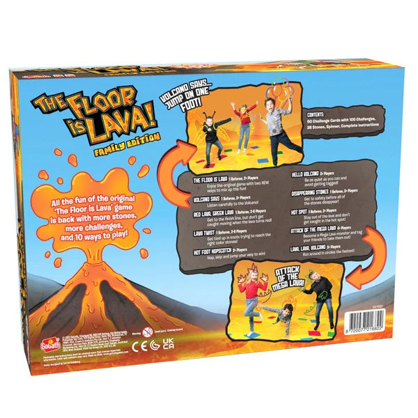 Box of 'The Floor is Lava!' family edition game with colorful design and text.