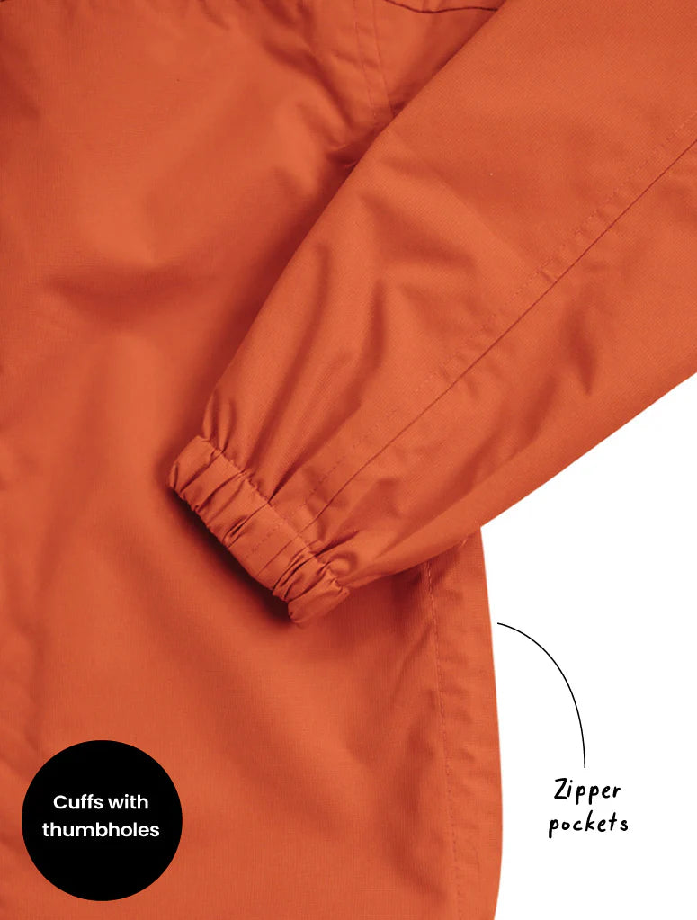 Close-up of an splashmagic jacket with labeled features on a white background
