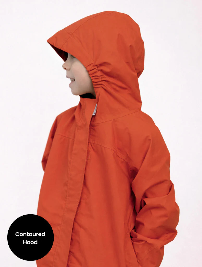 Orange raincoat with contoured hood on a white background