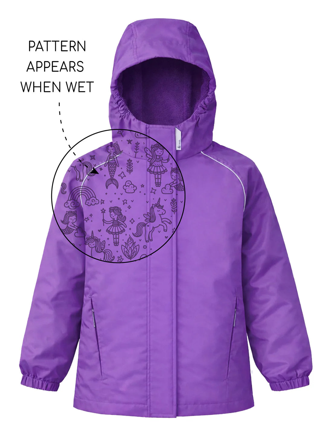 SplashMagic Storm Jacket - Violet | Magical Friends Purple raincoat with a pattern that appears when wet on a white background