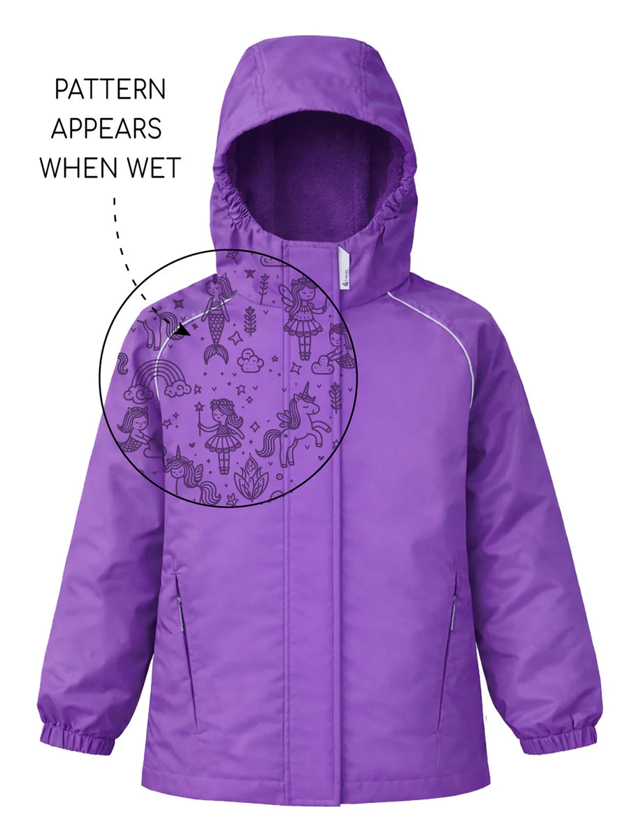 SplashMagic Storm Jacket - Violet | Magical Friends Purple raincoat with a pattern that appears when wet on a white background