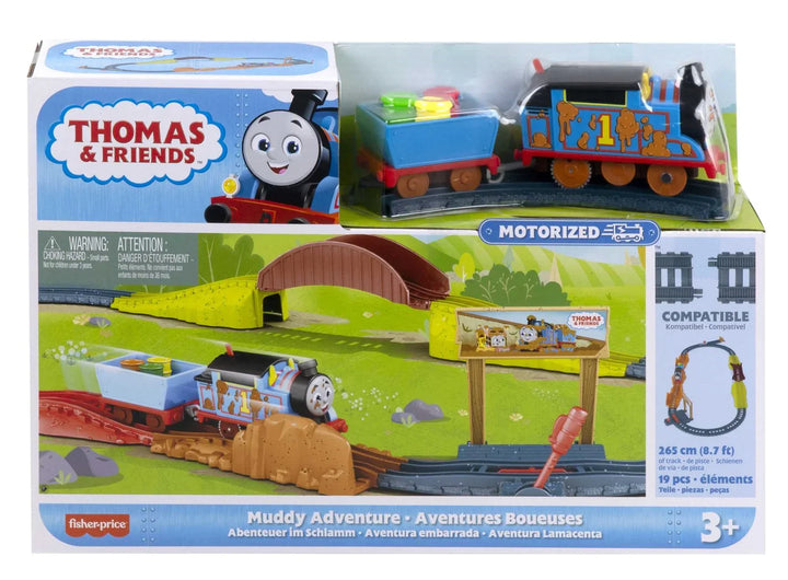 Thomas & Friends toy train set packaging with train and track elements.