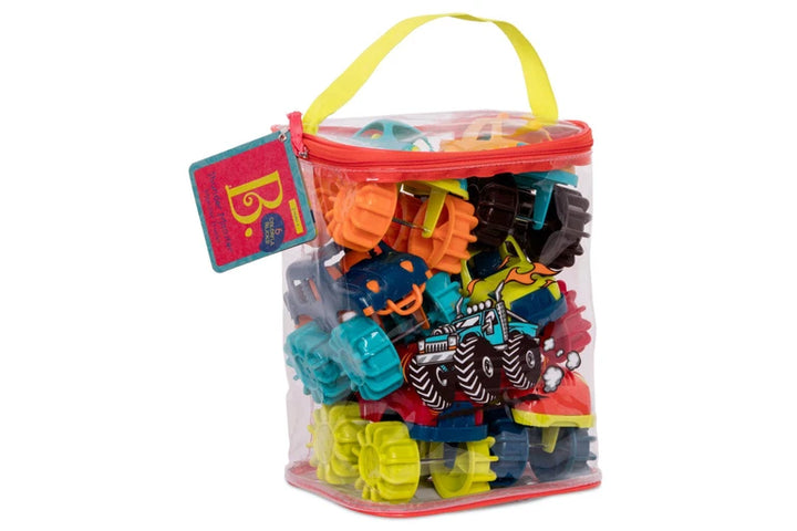 Colorful toy vehicle set in a clear plastic bag with a yellow handle, featuring a B. brand tag.