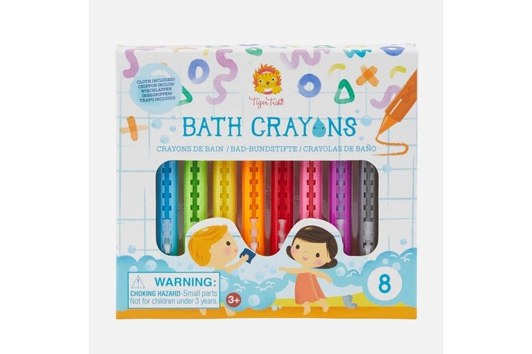 Box of Tiger Tail Bath Crayons with colorful crayon illustrations on a white background