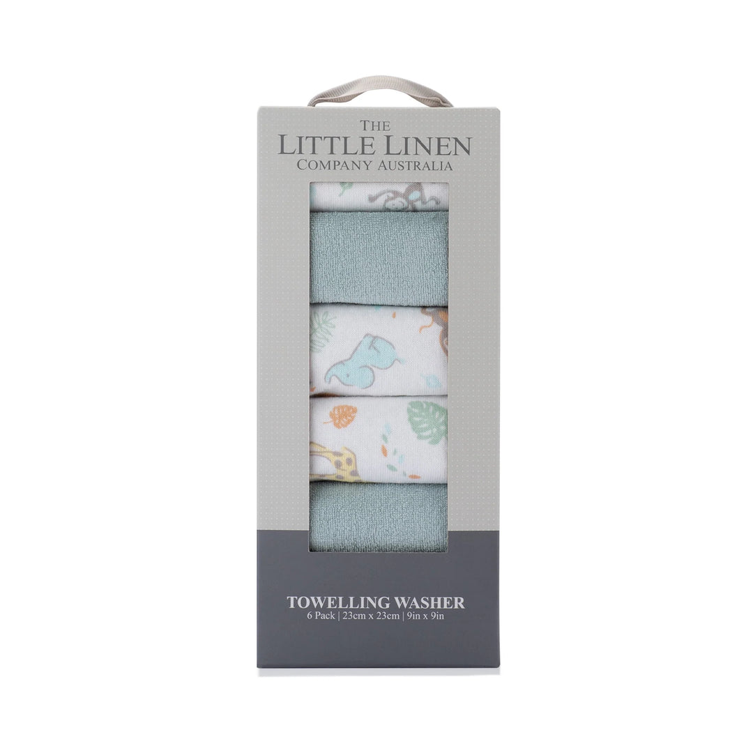 Packaging of The Little Linen Company Australia towel set on a white background
