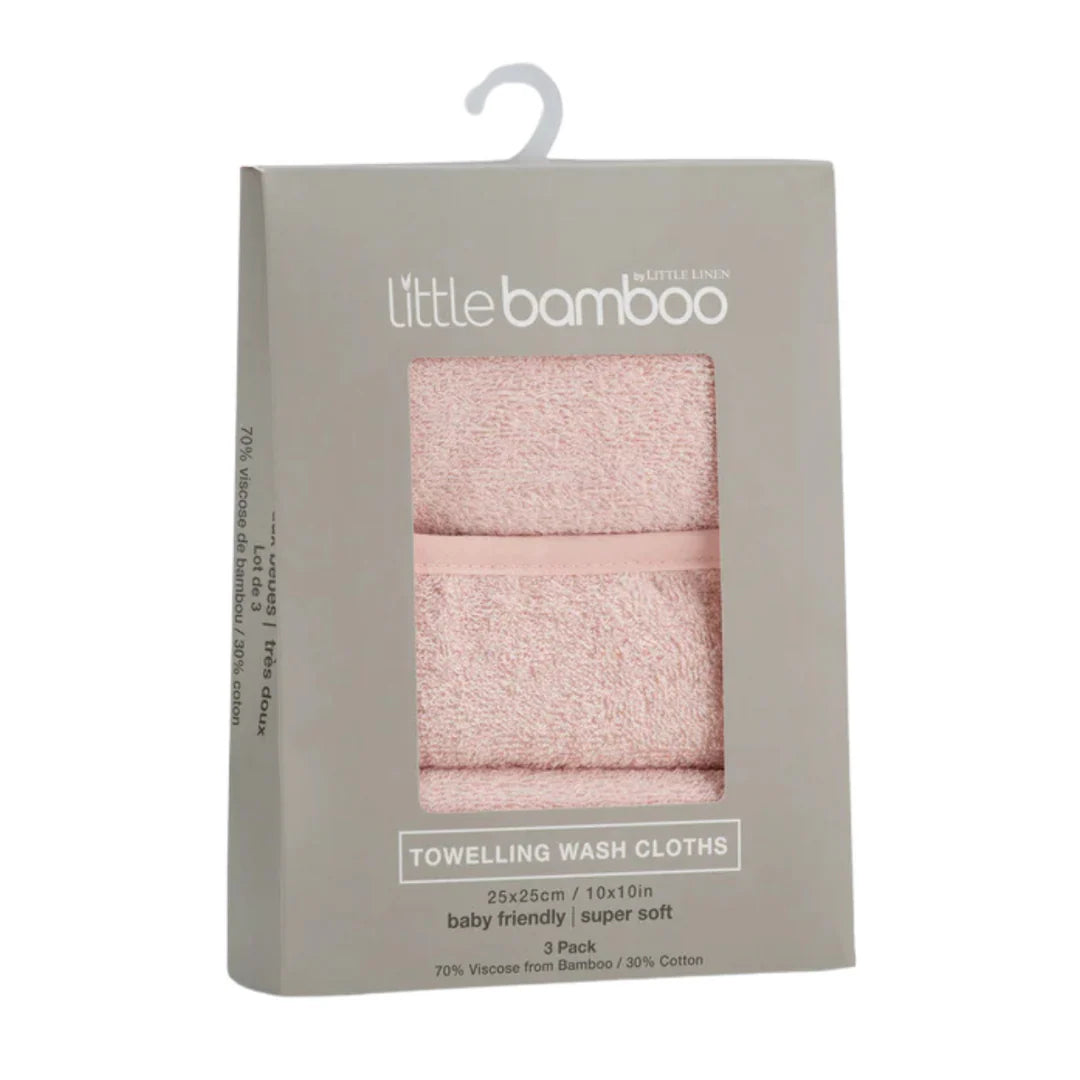 Packaging of Little Bamboo towelling wash cloths with pink towels inside on a white background