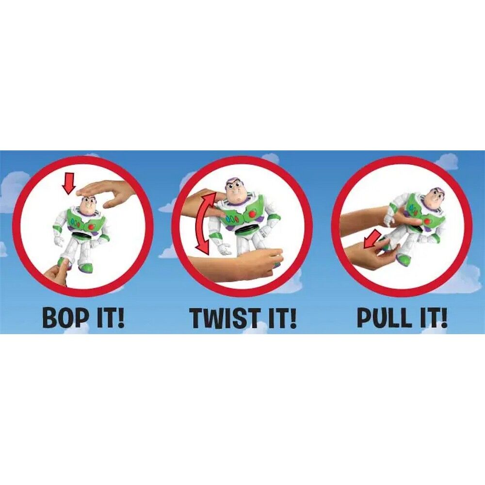 Instruction graphic showing three steps to disable a Buzz Lightyear toy: 'BOP IT!' with a hand pressing down, 'TWIST IT!' with a hand twisting, and 'PULL IT!' with a hand pulling, on a blue sky background.