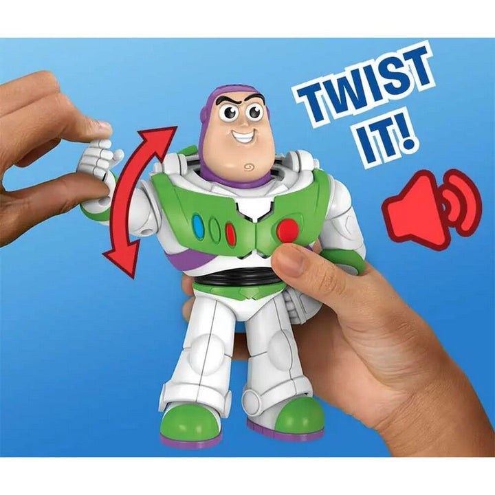 Buzz Lightyear bop it toy being held and twisted by two hands against a blue background, with graphic callouts showing the twist motion and a red speaker icon, plus the text 'TWIST IT!'.
