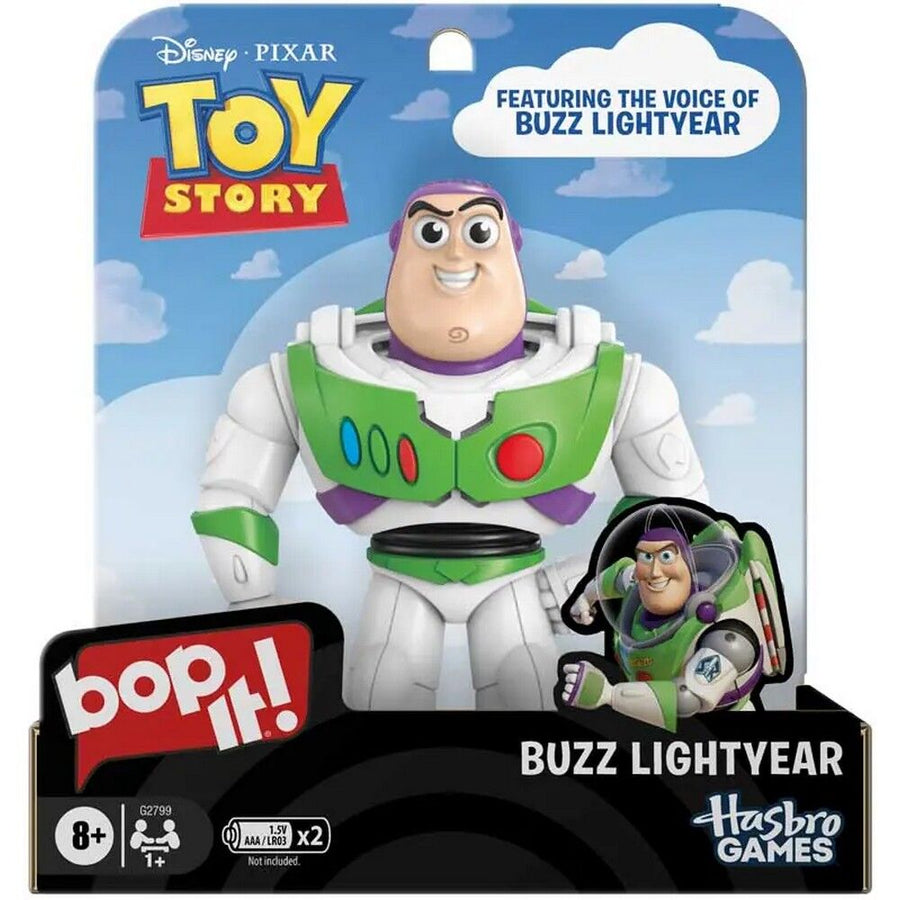 Buzz Lightyear bop it game figure packaging from Toy Story with Bop It! branding