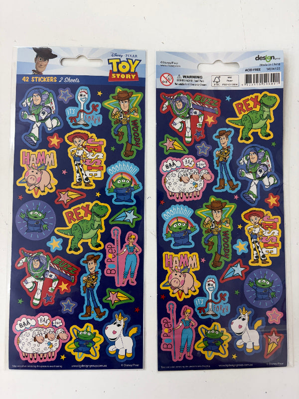 Two packages of Disney Pixar Toy Story stickers on a white background. The left package contains 42 stickers and the right contains 48 stickers, both featuring characters Woody, Buzz Lightyear, Rex, Hamm, Forky, and Green Monster on a dark blue background.