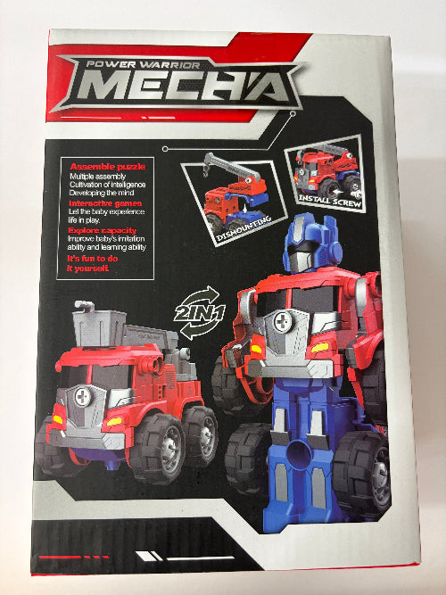 Power Warrior Meca Mecha toy building block set in its original retail packaging, featuring red and blue robot truck figures and assembly instructions on the box.
