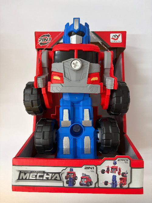 A 2-in-1 Optimus Prime toy truck shown in its red and gray retail packaging box, with the vehicle transformed into a robot figure. The toy features a red and blue body with gray armor plating and black wheels.