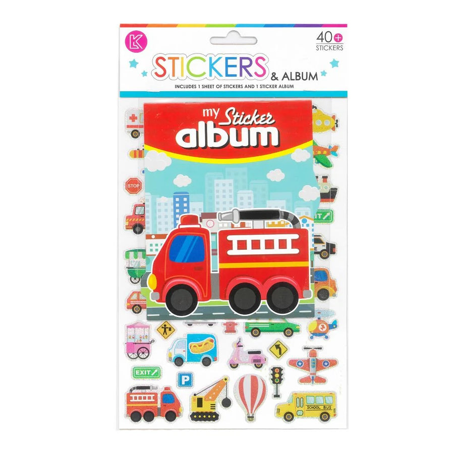 My Sticker Album children's sticker and sticker album set featuring a large red fire truck on a white backing card with colorful illustrations and text indicating 40 stickers.