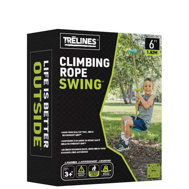 climbing rope swing with black and green packaging showcasing a child sitting on the rope swing which is dangling from a tree
