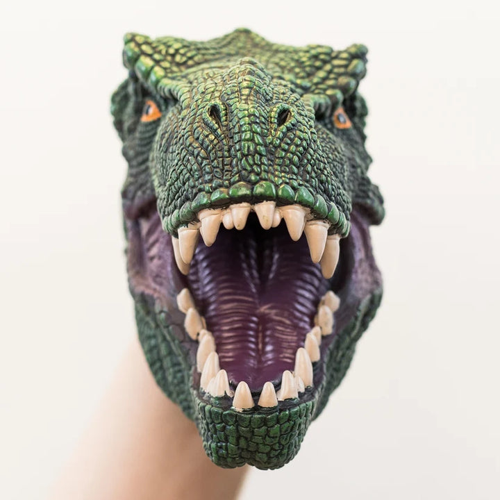 A green dinosaur or T-rex style monster head hand puppet with an open mouth showing teeth and a purple interior, being worn on a person's hand against a plain light background.