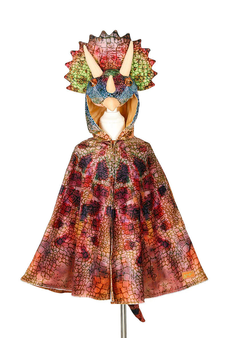Colorful triceratops dinosaur costume with cape and hood on a mannequin against a white background