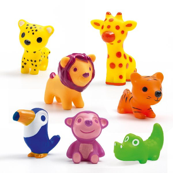 Set of colorful animal figurines on a white background