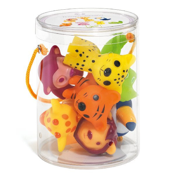 Set of colorful animal-shaped bath toys in a clear container on a white background