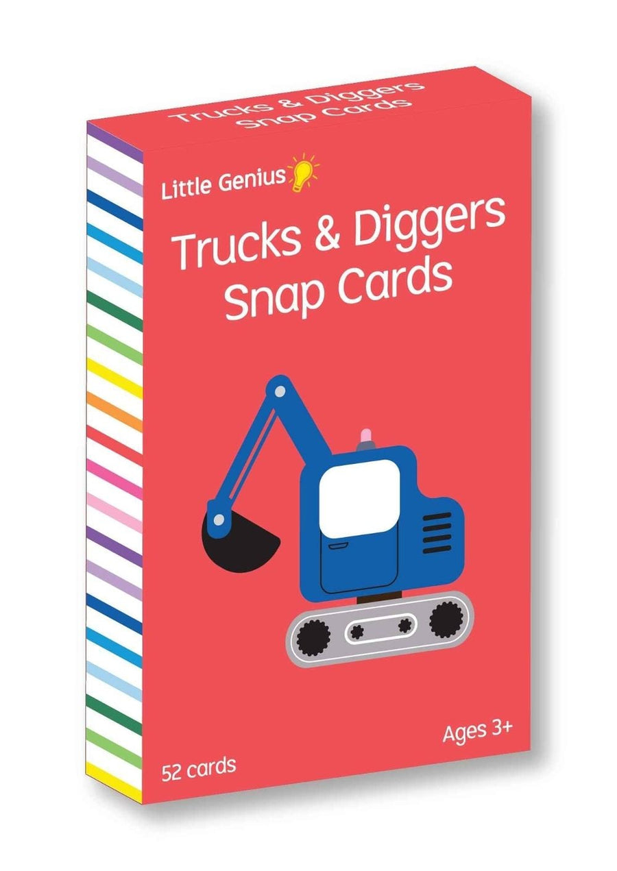 Box of Little Genius Trucks & Diggers Snap Cards with an excavator illustration on a red background