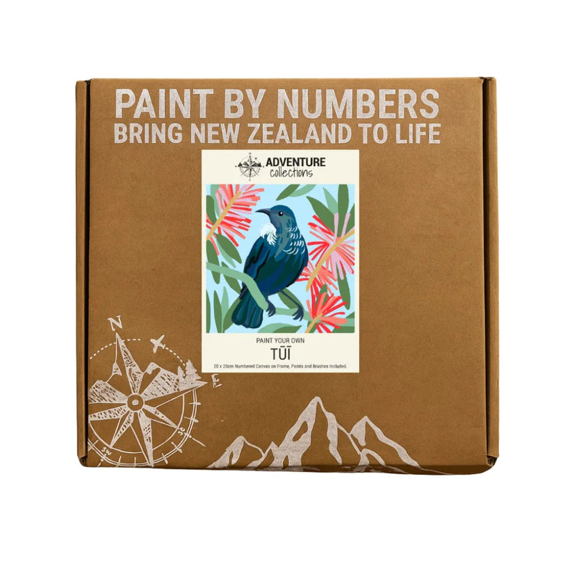 Paint by numbers kit packaging with bird illustration on a brown box