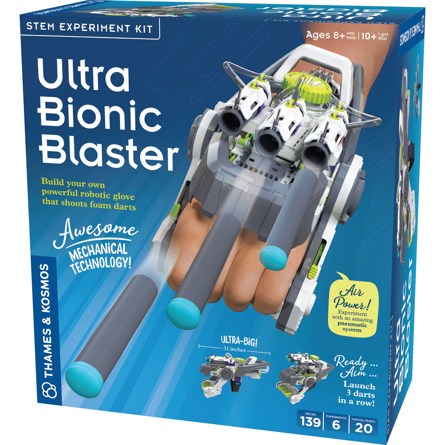 Thames & Kosmos Ultra Bionic Blaster STEM experiment kit box, showing a toy robotic glove with foam dart nozzles and blue-tipped arms on a blue retail package.