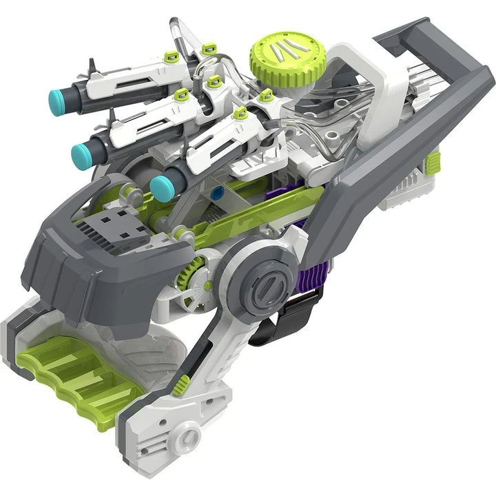 Mechanical model with gray, green, and white components on a white background