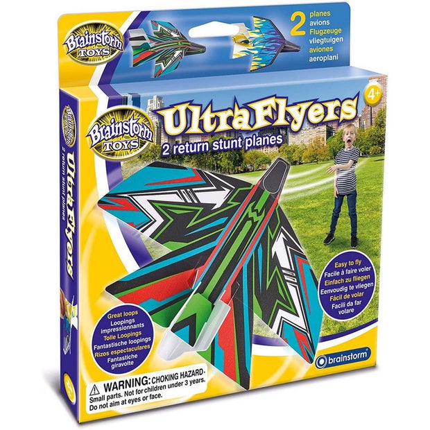Box of UltraFlyers return stunt planes with colorful designs on a white background