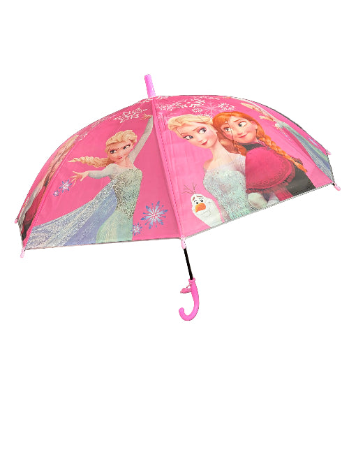 Pink umbrella with Frozen characters on a gray floor