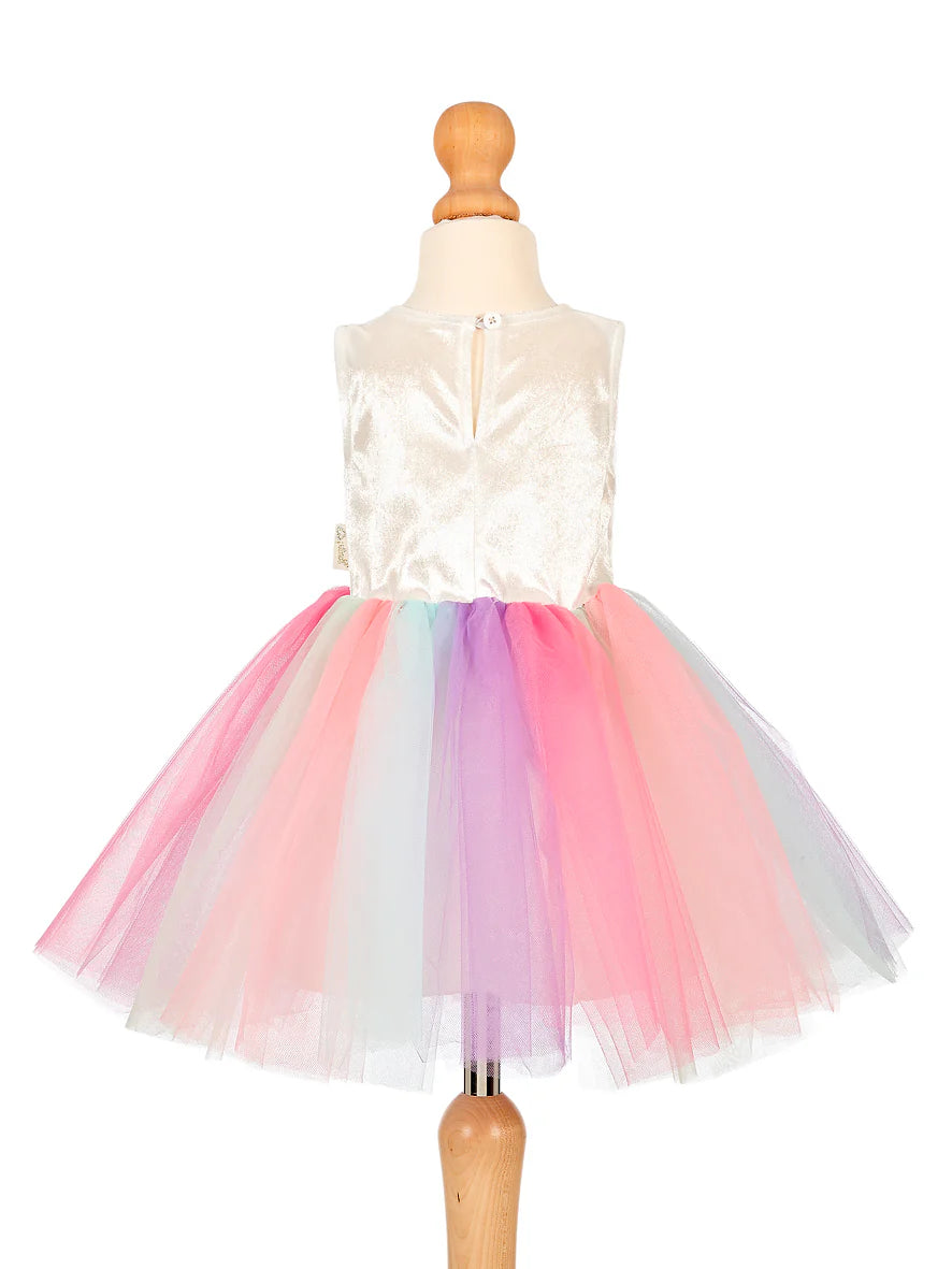 Children's dress with a white top and colorful tulle skirt on a mannequin against a white background.
