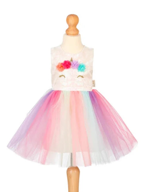 Colorful unicorn-themed dress on a mannequin with a white background