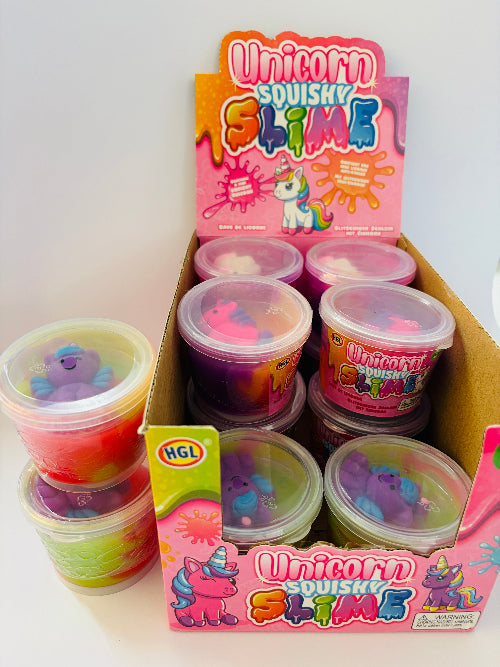 Unicorn Squishy Slime containers with packaging on a white background