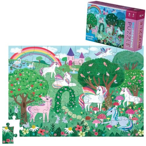 unicorn holographic puzzle showcasing unicorns in flowery field with a rainbow and castle in the background