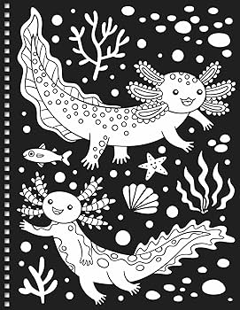 Coloring book page with axolotl illustrations on a black background