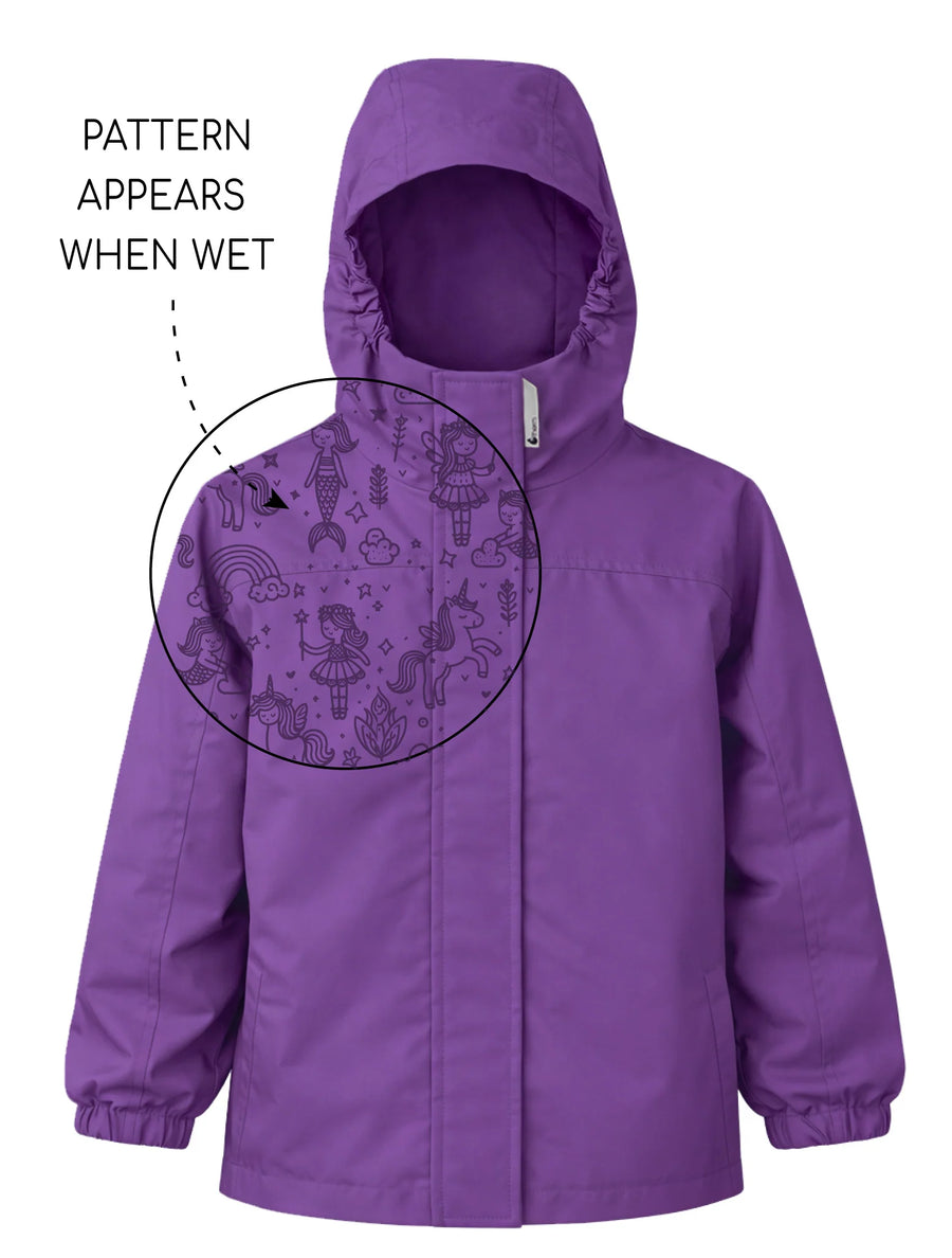 Purple raincoat with pattern that appears when wet on a white background