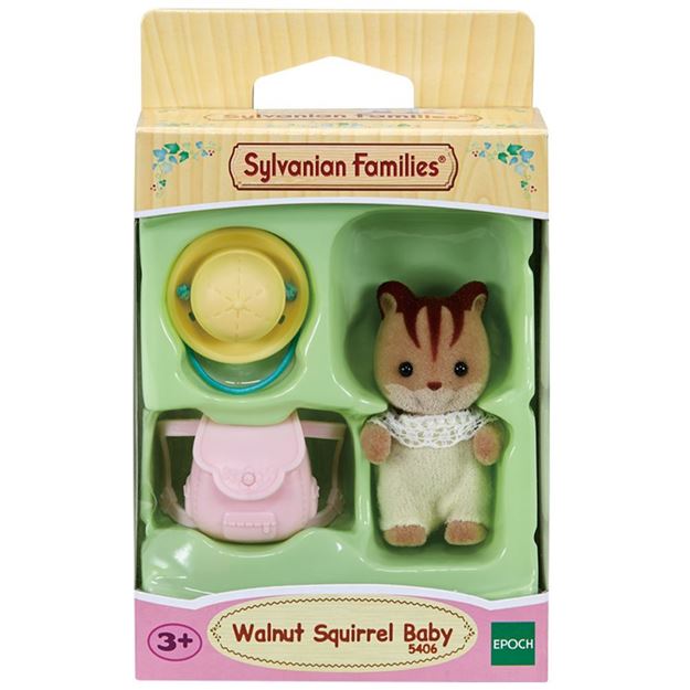 Sylvanian Families Walnut Squirrel Baby packaging with a baby bottle and baby carrier.