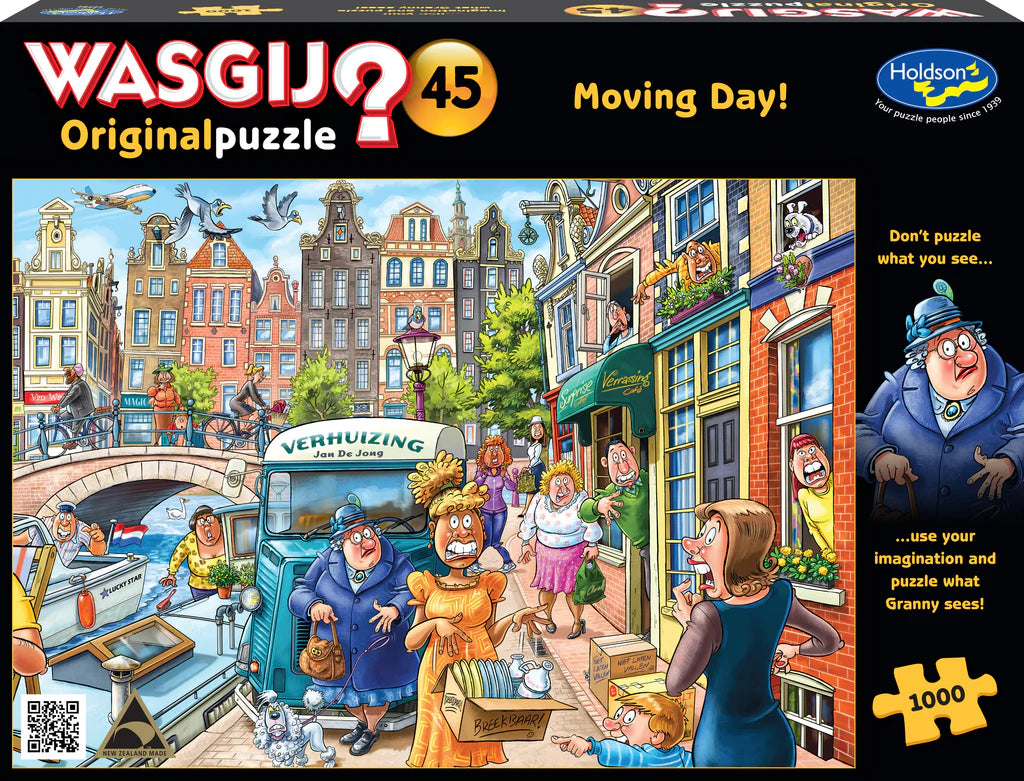 Box of 1000 piece Wasgij puzzle titled 'Moving Day!' with colorful illustration and branding.