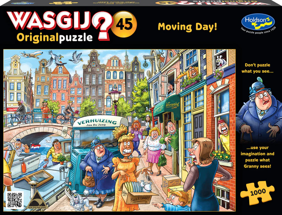 Box of 1000 piece Wasgij puzzle titled 'Moving Day!' with colorful illustration and branding.
