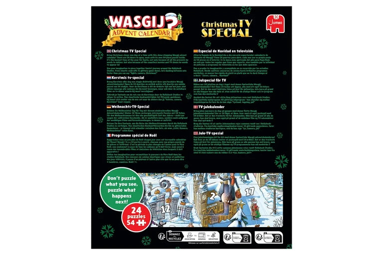 Back cover of the Wasgijs Advent Calendar featuring the 'Christmas TV Special' issue, with a black background, green text, a red elephant logo, and a small illustrated window showing a snowy scene.