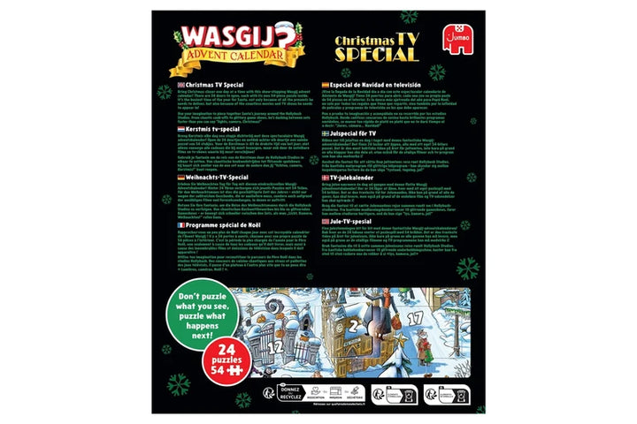 Back cover of the Wasgijs Advent Calendar featuring the 'Christmas TV Special' issue, with a black background, green text, a red elephant logo, and a small illustrated window showing a snowy scene.