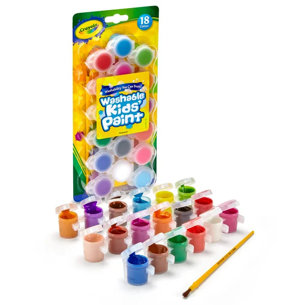 Crayola washable kids paint set with paint pots and brush on a white background