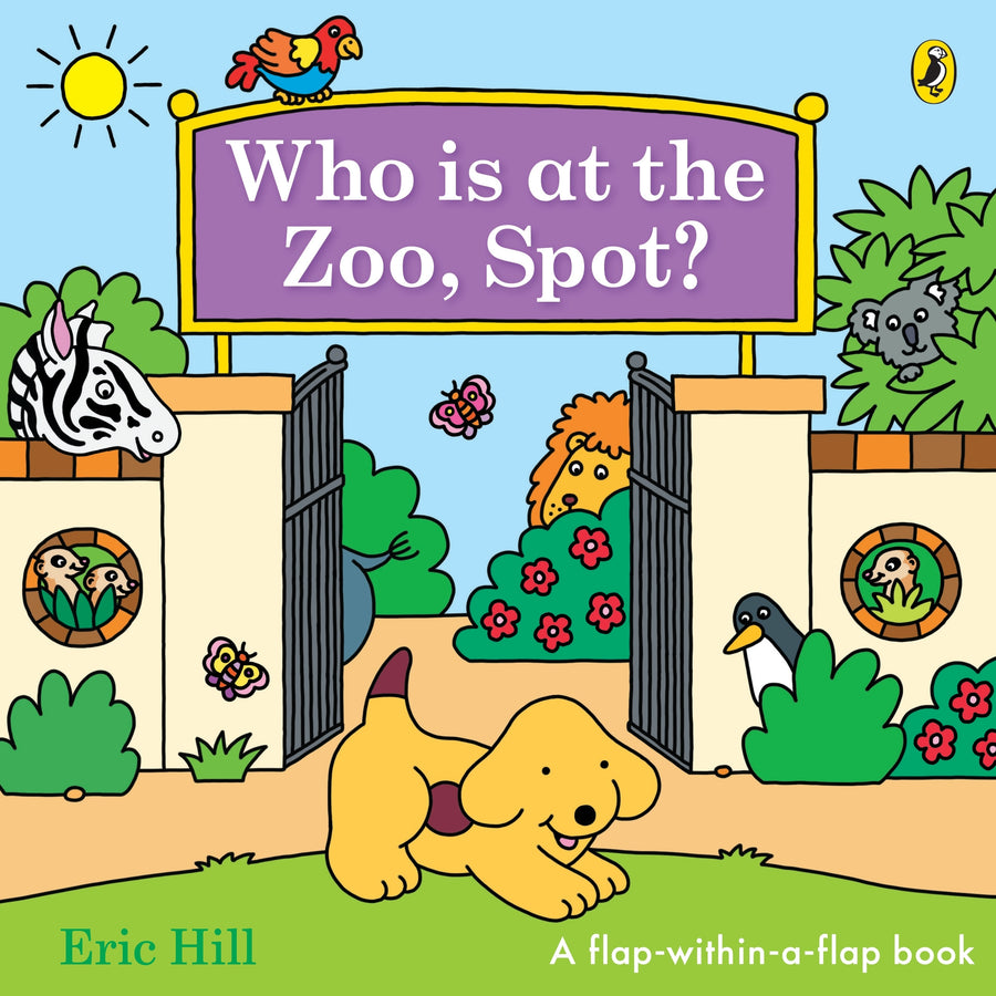 Book cover of 'Who is at the Zoo, Spot?' with a cartoon dog and zoo animals.