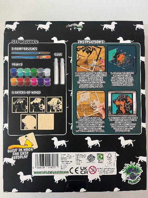 Back view of a craft kit packaging with illustrations and text on a black background.