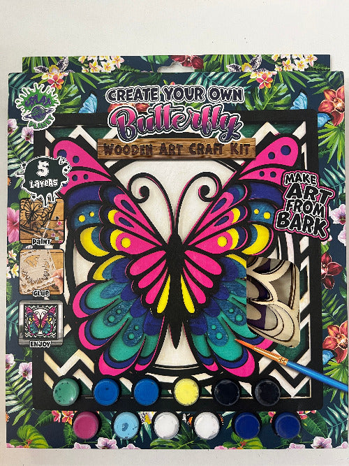 Butterfly craft kit with colorful design and paint options on a floral background