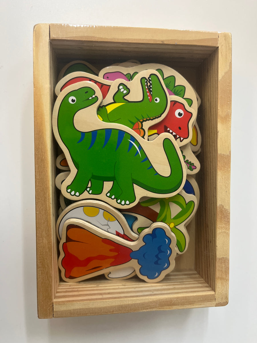 Set of wooden magnetic dinosaur toys in a box on a white background