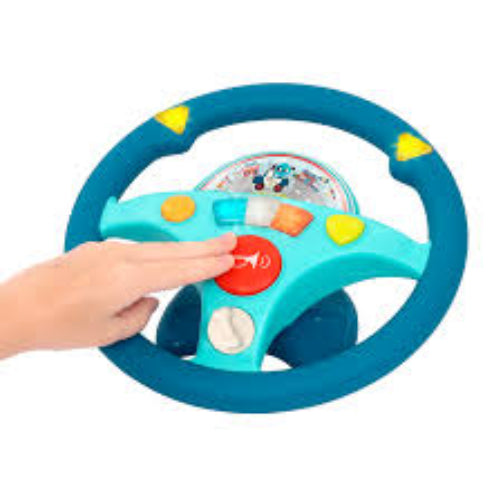 woofers musical driving wheel with hand coming and pressing the horn button in the center of the wheel on a white background.