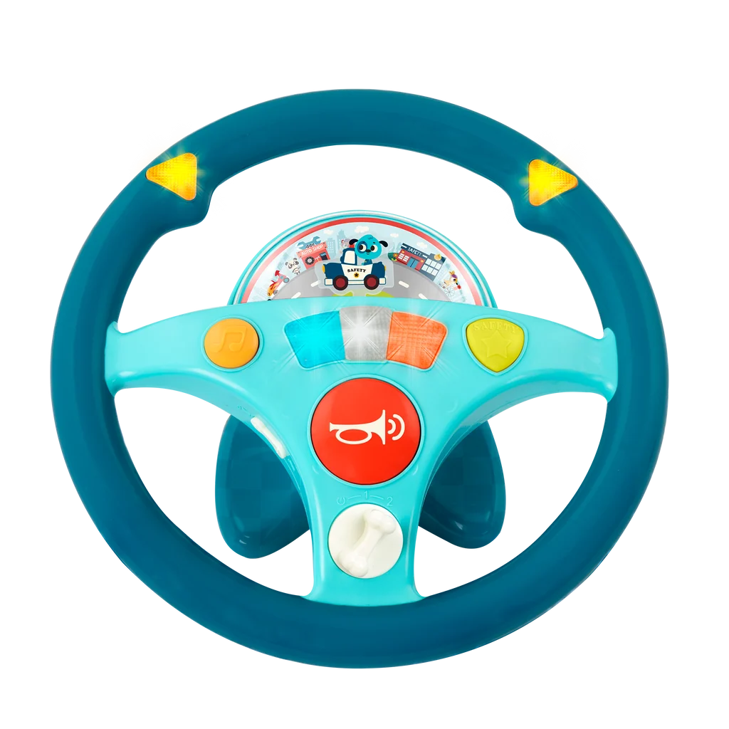 blue steering wheel with red and yellow buttons to play music 