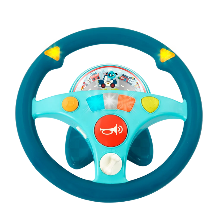 blue steering wheel with red and yellow buttons to play music 