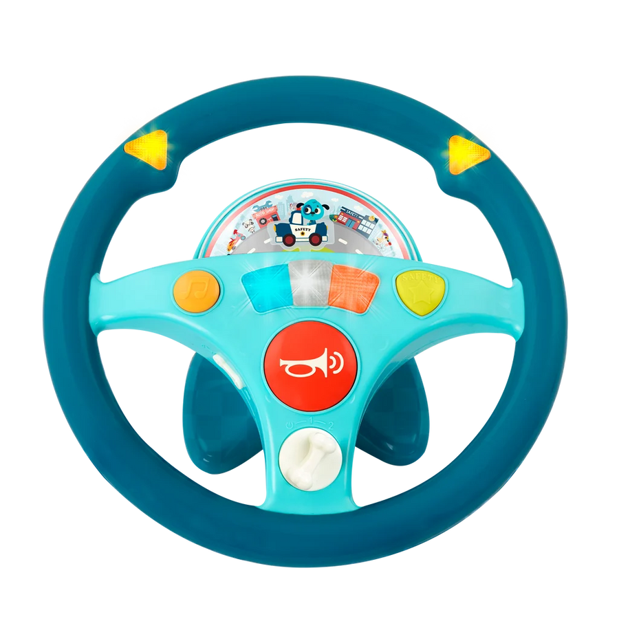 blue steering wheel with red and yellow buttons to play music 