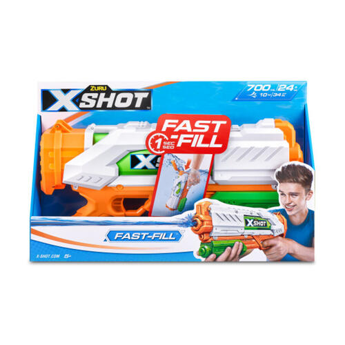 X-Shot toy blaster packaging with fast fill feature on a white background
