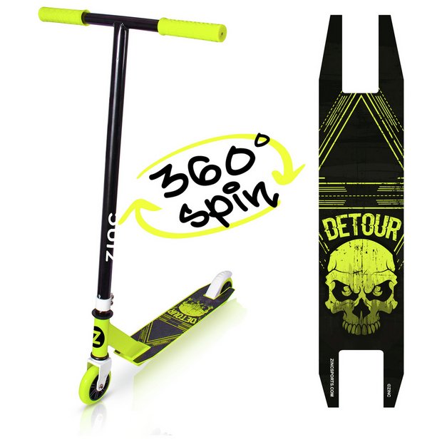 Zinc scooter Black and yellow with 'Detour' branding and skull design on a white background.